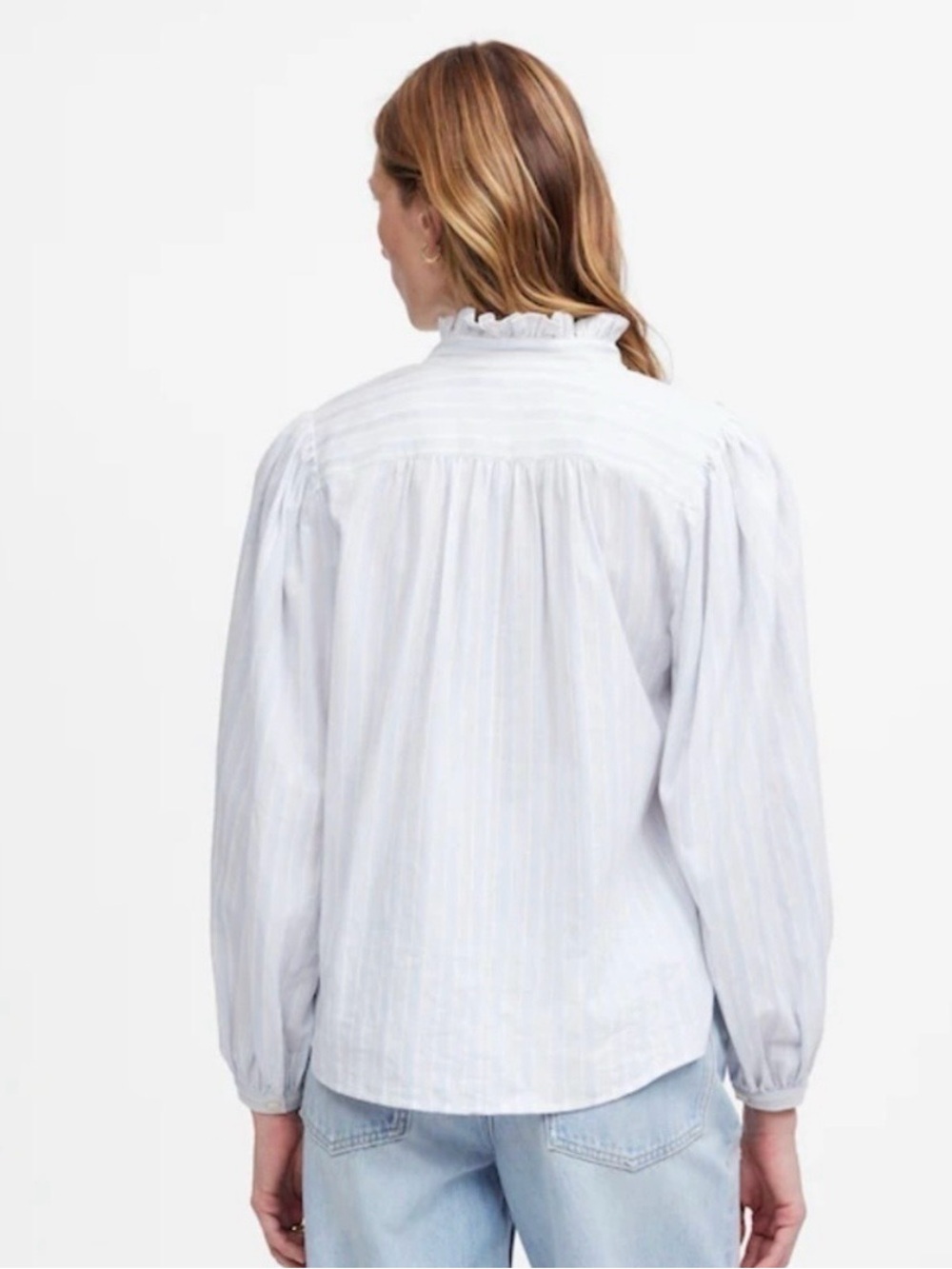 Madewell Ruffled Popover 100% Cotton Blue Stripe Blouse Shirt Size M - Picture 8 of 8